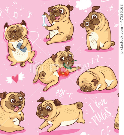 Cartoon beige puppies pugs seamless pattern. Vector illustration 47526168