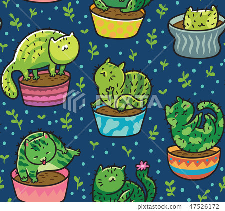 Vector seamless pattern with succulents and cactuses in the form of cats in pots. Vector Vector seamless pattern with succulents and cactuses in the form of cats in pots. Vector 47526172