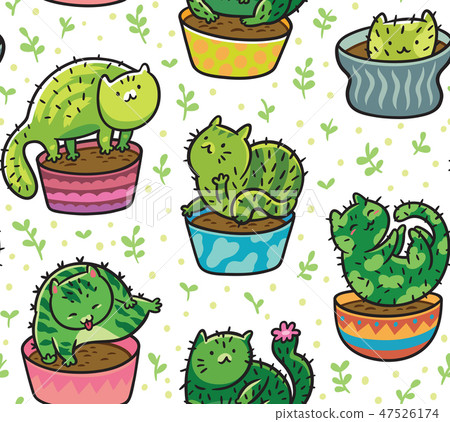 Vector seamless pattern with succulents and cactuses in the form of cats in pots. Vector Vector seamless pattern with succulents and cactuses in the form of cats in pots. Vector 47526174