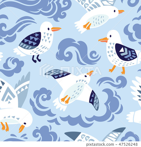 Seamless pattern with seagulls in decorative style 47526248