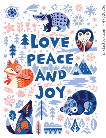 Love, peace and joy greeting card. Woodland characters in scandinavian style. Vector illustration Love, peace and joy greeting card. Woodland characters in scandinavian style. Vector illustration 47526256