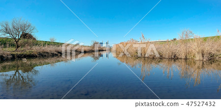 冬天Menugata稻田和Shiba河風景全景射擊 47527432