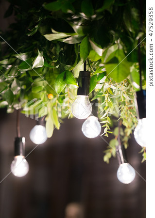 light bulbs at the night, electric garland hanging on the tree 47529358