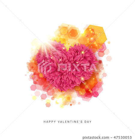 Vivid Happy Valentines day card. Decorative floral heart in bright rays of shining star. 47530053