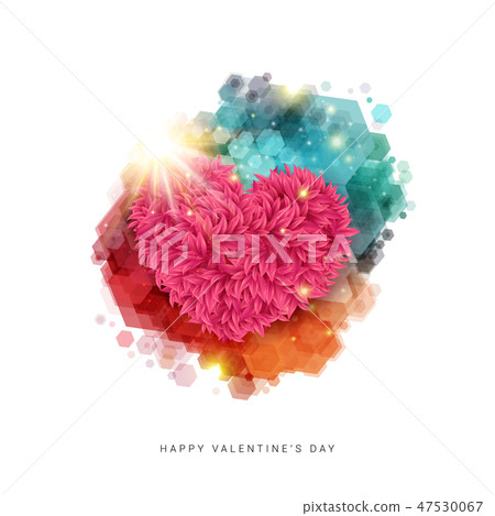 Happy Valentines day card. Decorative floral heart in bright rays of shining star. Happy Valentines day card. Decorative floral heart in bright rays of shining star. 47530067