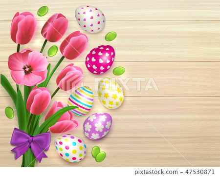 Easter Flowers Wooden Background 47530871