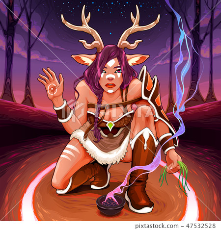 Female Faun is making a healing ritual in the wood 47532528