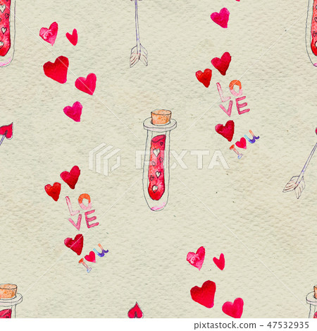 Happy Valentines Day. Seamless pattern with red watercolor hearts, love poison and arrows. Happy Valentines Day. Seamless pattern with red watercolor hearts, love poison and arrows. 47532935