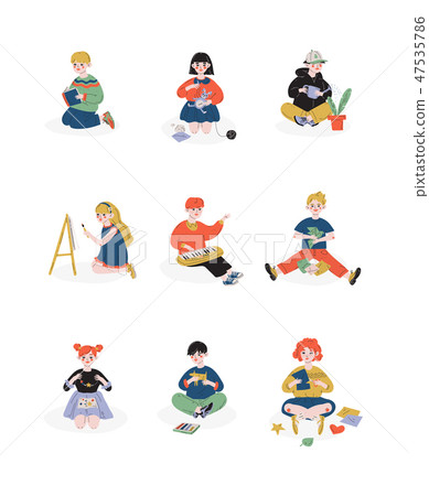 Children and their hobbies set, Boys and Girls Caring for Plants, Reading, Painting, Needlework Children and their hobbies set, Boys and Girls Caring for Plants, Reading, Painting, Needlework 47535786