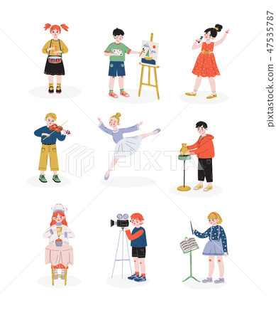 Children and their hobbies set, Boys and Girls Playing Music, Dancing, Singing, Cooking Hobby Children and their hobbies set, Boys and Girls Playing Music, Dancing, Singing, Cooking Hobby 47535787