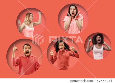The collage of faces of surprised people on coral backgrounds. The collage of faces of surprised people on coral backgrounds. 47538951
