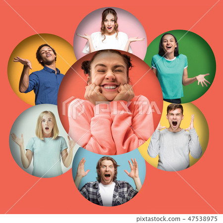 The collage of faces of surprised people on coral backgrounds. The collage of faces of surprised people on coral backgrounds. 47538975