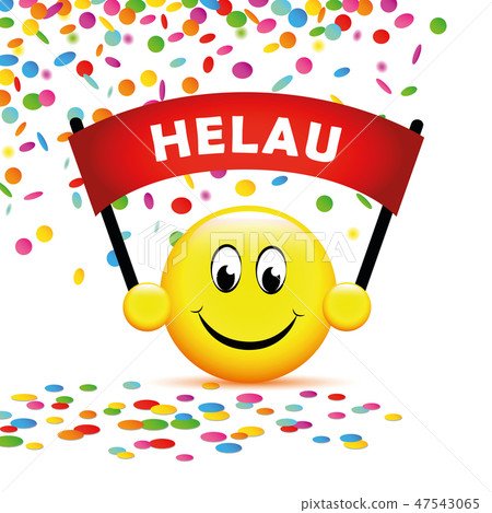 happy smiling face with carnival helau banner and confetti rain background 47543065