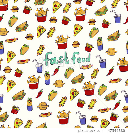 Doodle illustration of fast food. Seamless pattern - Stock Illustration ...