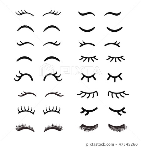 Set of cute cartoon eyelashes. Open and closed hand drawing eyes. Isolated on white. 47545260