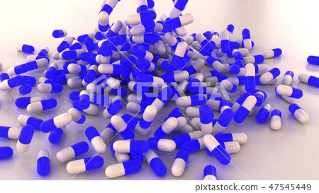 Blue and white drug capsules or pills scatter on the table. 3D rendering 47545449