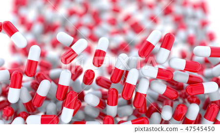 Falling red and white drug capsules or pills, shallow focus. 3D rendering 47545450