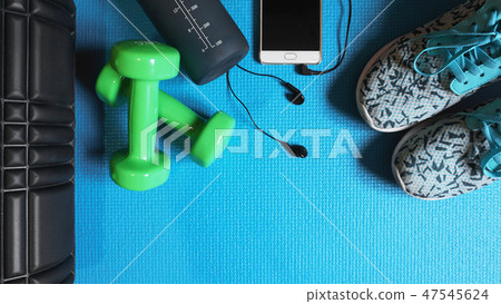 Fitness background. Equipment for gym and home. Blue background Fitness background. Equipment for gym and home. Blue background 47545624