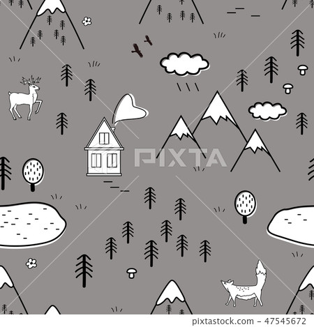 Cute scandinavian landscape with animals, trees, lake, and mountains, seamless pattern. Scandinavian 47545672