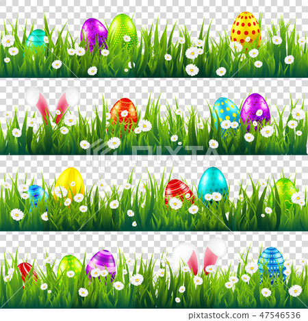 Easter eggs on grass with bunny rabbit ears set. Spring holidays in April. Sunday seasonal Easter eggs on grass with bunny rabbit ears set. Spring holidays in April. Sunday seasonal 47546536