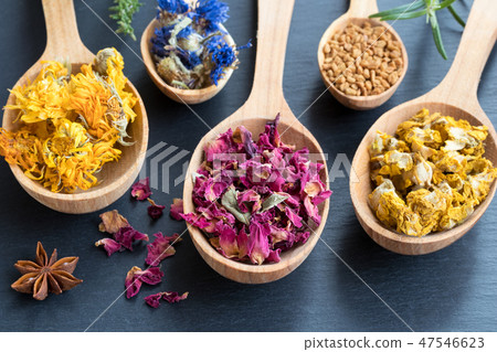 Herbs on wooden spoons on a dark background 47546623