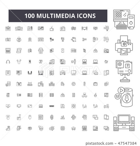 Multimedia editable line icons, 100 vector set, collection. Multimedia black outline illustrations 47547384