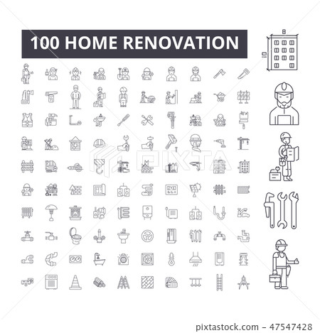 Home renovation editable line icons, 100 vector set, collection. Home renovation black outline 47547428
