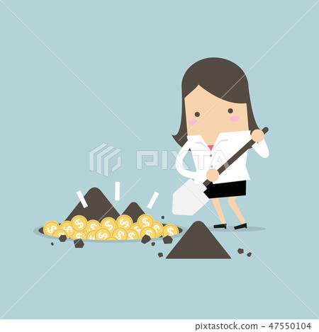 Businesswoman digging a ground to find coin money. Businesswoman digging a ground to find coin money. 47550104