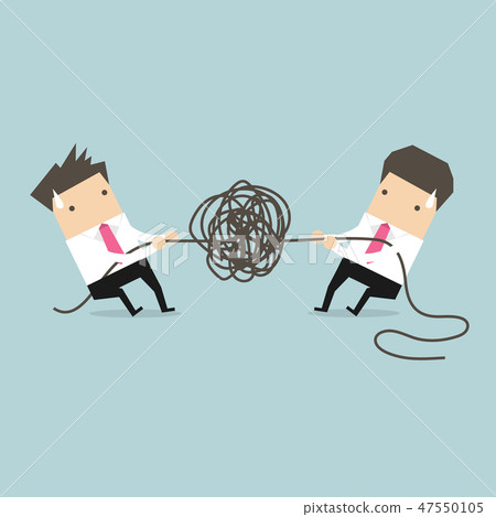 Businessman trying to unravel tangled rope. Businessman trying to unravel tangled rope. 47550105