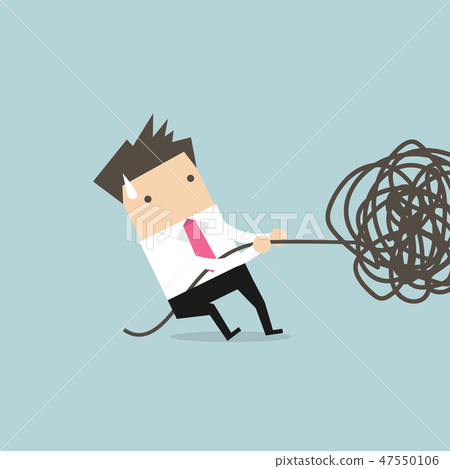 Businessman trying to unravel tangled rope. Businessman trying to unravel tangled rope. 47550106