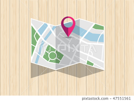 city map with mark pin folding on wooden desk 47551561