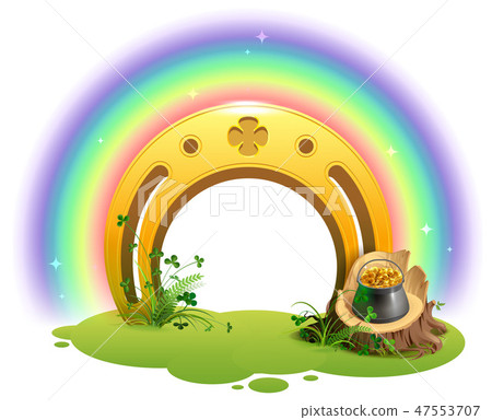 Golden horseshoe, rainbow and pot of gold 47553707