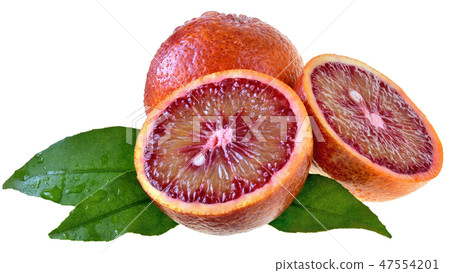 Blood orange slice with leaf isolated 47554201