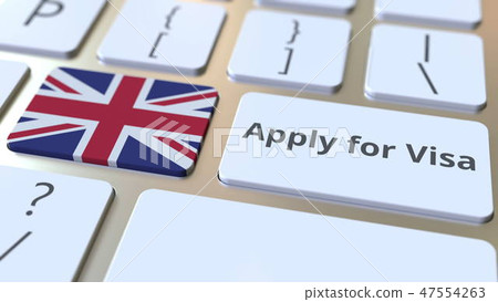 APPLY FOR VISA text and flag of Great Britain on the buttons on the computer keyboard. Conceptual 3D 47554263