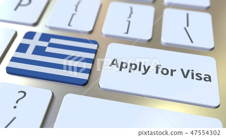 APPLY FOR VISA text and flag of Greece on the buttons on the computer keyboard. Conceptual 3D 47554302