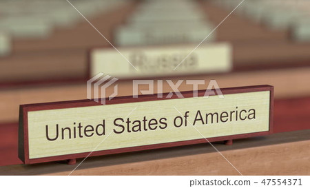 United States of America name sign among different countries plaques at international organization 47554371
