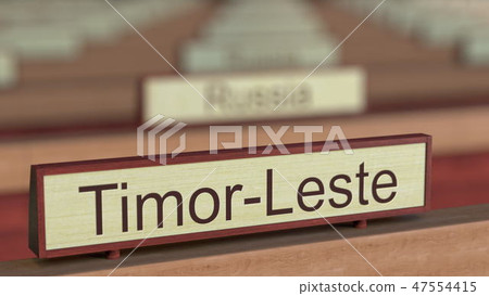 Timor-Leste name sign among different countries plaques at international organization. 3D rendering 47554415