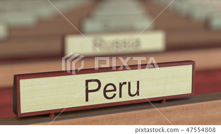Peru name sign among different countries plaques at international organization. 3D rendering 47554808
