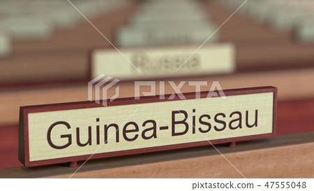 Guinea-Bissau name sign among different countries plaques at international organization. 3D 47555048