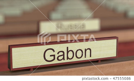 Gabon name sign among different countries plaques at international organization. 3D rendering Gabon name sign among different countries plaques at international organization. 3D rendering 47555086
