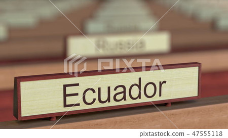 Ecuador name sign among different countries plaques at international organization. 3D rendering 47555118