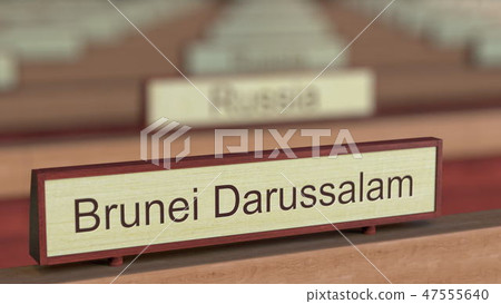 Brunei Darussalam name sign among different countries plaques at international organization. 3D Brunei Darussalam name sign among different countries plaques at international organization. 3D 47555640