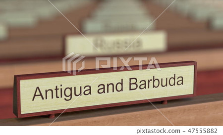 Antigua and Barbuda name sign among different countries plaques at international organization. 3D 47555882