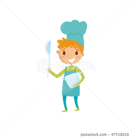 Teen boy in apron and chef hat, holding ladle and saucepan. Kid dream of becoming famous cooker and Teen boy in apron and chef hat, holding ladle and saucepan. Kid dream of becoming famous cooker and 47558028