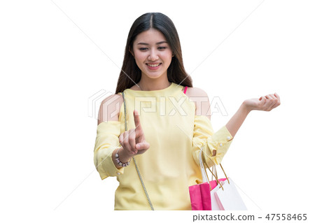 Asian beauty woman with shopping bag finger touch Asian beauty woman with shopping bag finger touch 47558465