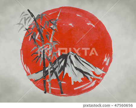 Japan traditional sumi-e painting. Fuji mountain, sakura, sunset. Japan sun. Indian ink illustration 47560656