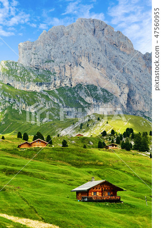 Seceda mountain with blue grass and wooden houses 47560955