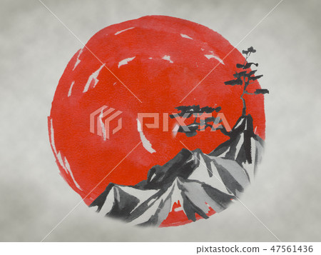 Japan traditional sumi-e painting. Fuji mountain, sakura, sunset. Japan sun. Indian ink illustration 47561436