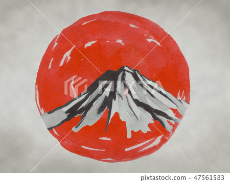 Japan traditional sumi-e painting. Fuji mountain, sakura, sunset. Japan sun. Indian ink illustration Japan traditional sumi-e painting. Fuji mountain, sakura, sunset. Japan sun. Indian ink illustration 47561583