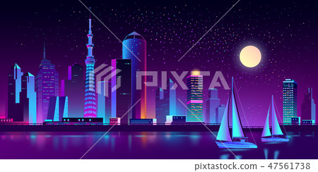Vector neon megapolis on river with yachts Vector neon megapolis on river with yachts 47561738